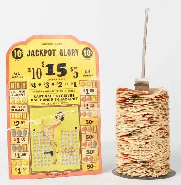 Vintage Jackpot Glory Punch Card & Ticket Pull.: Marked "Union Made" and "Whirling Derby" on top. Unused but does have some creasing and tearing in middle. Ticket pull has gambling tickets on metal base. Size: Largest: 10" T. Condition: (Good - Very