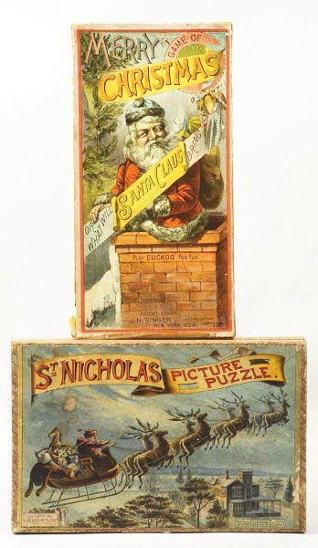 Lot of 2: Christmas Games.: Both are dated 1890. Includes St. Nicholas Picture Puzzle made by McLoughlin Brothers, Puzzle complete, and the Game of Merry Christmas made by J.H. Singer. Size: Largest Box: 13 - 1/2" x 7". Conditio