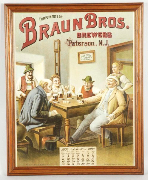 1903 Braun Brothers Brewery Advertising Calendar.: Paper. Nice image of men sitting around table shooting dice and drinking beer. Newly framed. Size: Framed: 24 - 3/4" x 20". Condition: (Excellent).