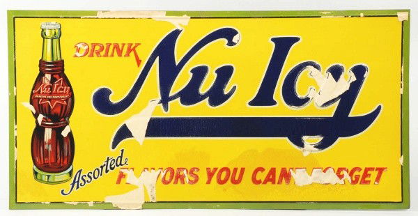 Embossed Tin NuIcy Sign.: 1930s to 1940s. New old stock with original paper remaining. Some minor stains to lower portion of sign. Displays wonderfully. Size: 17 - 1/2" x 35". Condition: (Excellent).