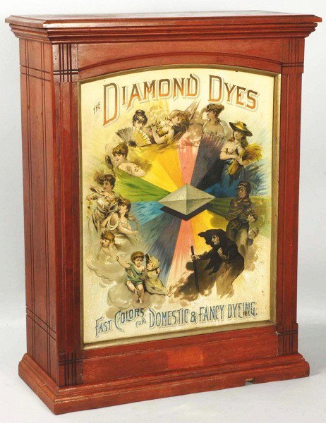 Diamond Dyes Display Cabinet.: Beautiful image with colorful front. Original case. Size: 30" x 23" x 10". Condition: (Excellent Plus).