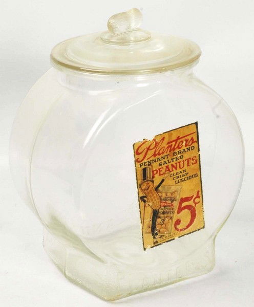 Planters Peanut Fish Bowl Jar.: Nice jar with old label. Three or four small chips to mouth of jar. Size: 13 - 1/4" T. Condition: (Excellent).