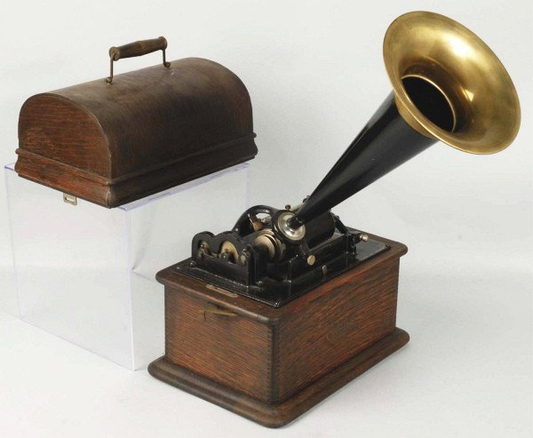Wooden Edison Phonograph with Original Horn.: Working. Size: 13" L. Condition: (Excellent). CORRECTION – Replacement horn NOT original.