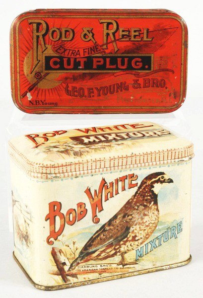 Lot of 2: Tobacco Tins.: Includes one Bob White Mixture tin with beautiful image on both sides and one Rod & Reel tin. Size: Largest: 4 - 1/2" L. Condition: (Very Good - Excellent).