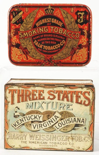 Lot of 2: Early Tobacco Tins.: Includes Three States Mixture and Highest Grade. Size: Largest: 4 - 1/2" L. Condition: (Very Good).