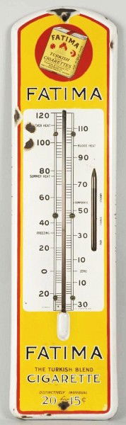 Porcelain Fatima Cigarettes Thermometer.: Nice image of Fatima Turkish pack across top. Minor wear around grommets and in upper left portion of thermometer. Size: 27" T. Condition: (Very Good - Excellent).