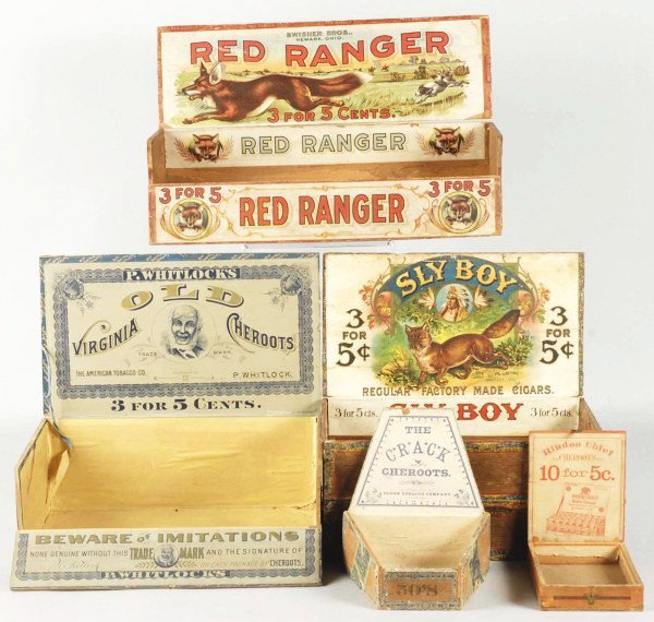 Lot of 5: Assorted Cigar Boxes.: Includes a beautiful Red Ranger Fox box and one Old Virginia Cheroots box. Size: Largest: 15 - 3/4" x 4 - 3/4" x 4 - 3/4" Condition: (Very Good - Excellent).