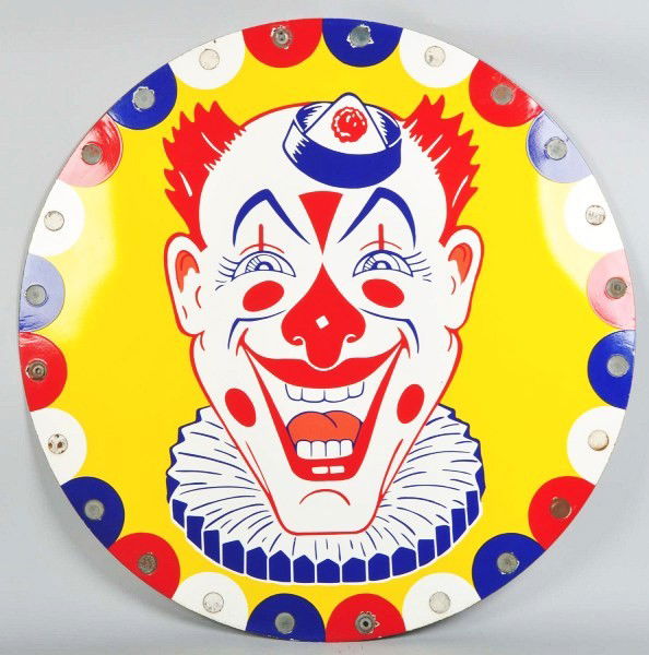 Round Porcelain Clown Sign.: 1940s to 1950s. Very impressive fair or arcade related item. 24 holes around perimeter with zinc covers that could be removed to light up sign. Great color and condition with only a few small surface