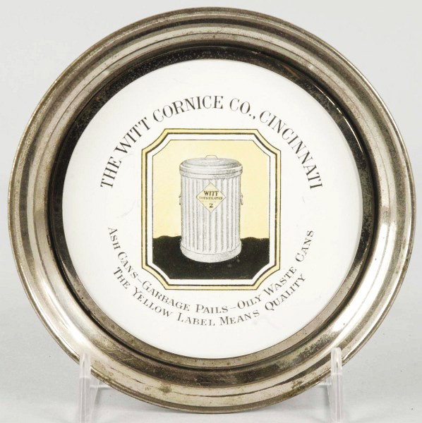 Whitt Cornice Co. Porcelain & Chrome Desk Caddy.: Nice piece made by O'Hara Dial Company. Features nice color detail of one of the Company's trash cans from Cincinnati, OH. A few minor scratches, light wear, and pitting to chrome rim. Size: 5 - 1/4" 