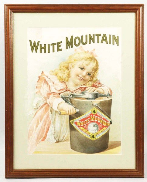 Paper White Mountain Ice Cream Sign.: Nice image of girl making a batch of White Mountain Ice Cream. Newly framed. Size: Framed: 25 - 1/2" x 20 - 1/4". Condition: (Excellent Plus).