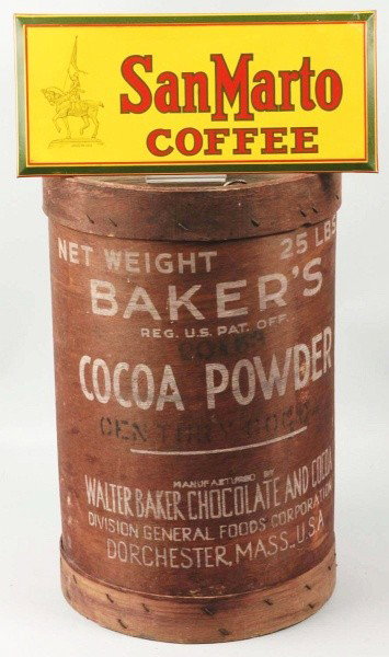 Lot of 2: Advertising Pieces.: Includes a tin over cardboard Sa Marto Coffee sign and a wooden Baker's Cocoa Powder container. Size: Largest: 18" T. Condition: (Excellent).