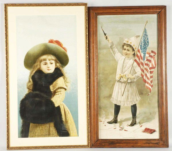 Lot of 2: Early Paper Posters.: Includes one with Little Miss Muffet and the other promoting Young America with image of boy holding a cap gun. Size: Largest framed: 32 - 3/4" x 18 - 3/4". Condition: (Excellent).