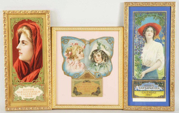 Lot of 3: Hood's Advertising Calendars.: Includes 1905, 1906 and 1907. All three complete with original pads. Newly framed. Size: Largest framed: 11 - 1/4" x 10". Condition: (Excellent Plus).