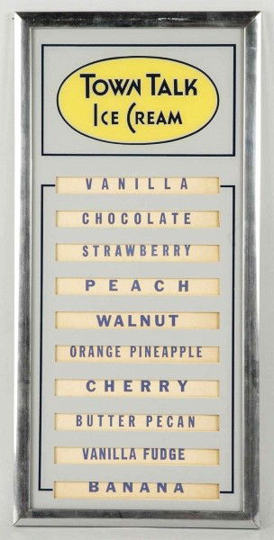 Reverse Glass Town Talk Ice Cream Menu Board.: Circa 1940s to 1950s. Gives ten flavors from which to choose. All original with only miniscule wear or marks. Size: Framed: 23 - 1/4" x 11". Condition: (Excellent - Near Mint).