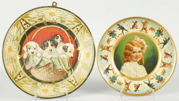 Lot of 2: C.D. Kenny Advertising Plates.: Includes one with basket of dogs and one with young girl and nice winter border. Condition: (Very Good - Excellent).
