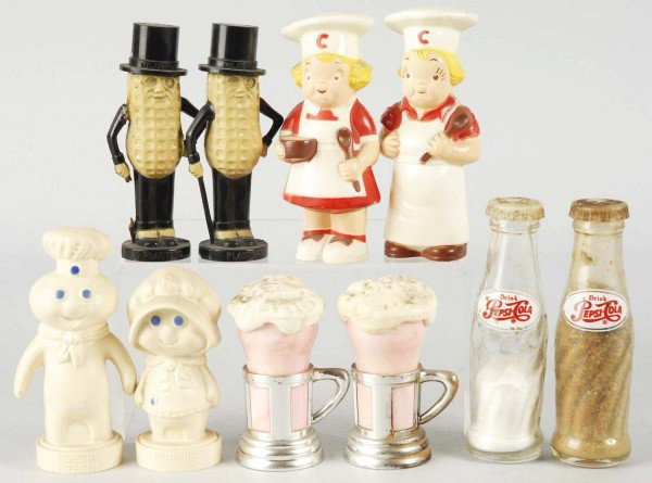 Lot of 5: Assorted Sets of Salt & Pepper Shakers.: Includes Pillsbury, Pepsi, Planters, and Campbell's Soup. Light to medium wear or soiling. Size: Largest: 4 - 1/4" T. Condition: (Excellent).