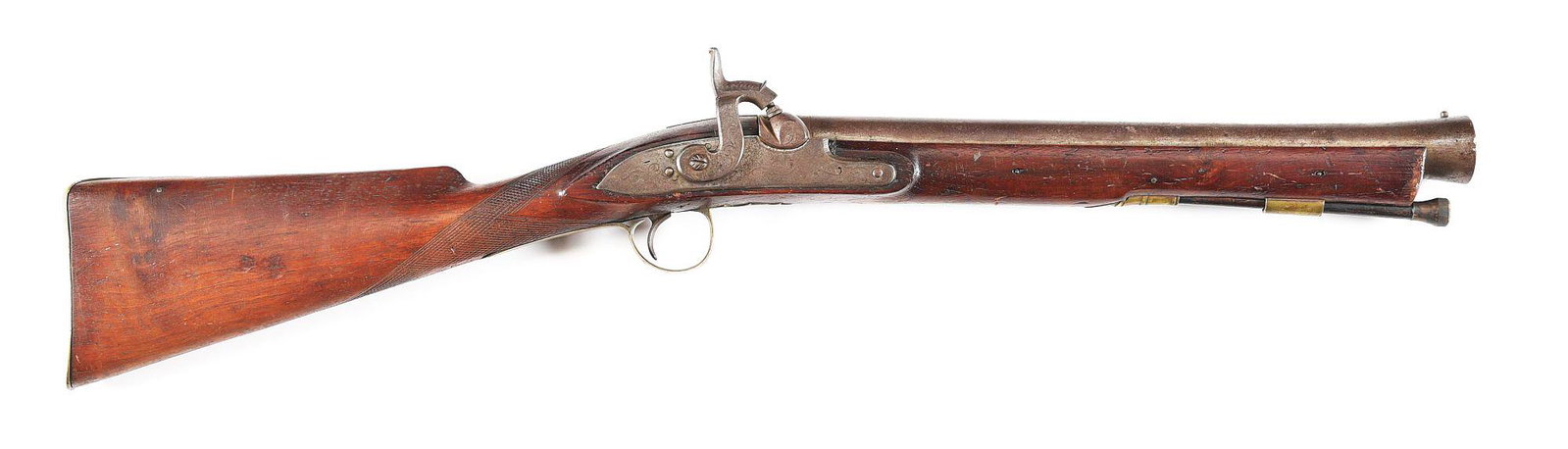 (A) BRITISH ROYAL HOUSE PROTECTOR BLUNDERBUSS: British made blunderbuss trademarked as "The Royal House Protector". Made in England circa the early 1800s. 15 - 3/4" steel funnel shaped barrel with British proofs and conversion to percussion using 
