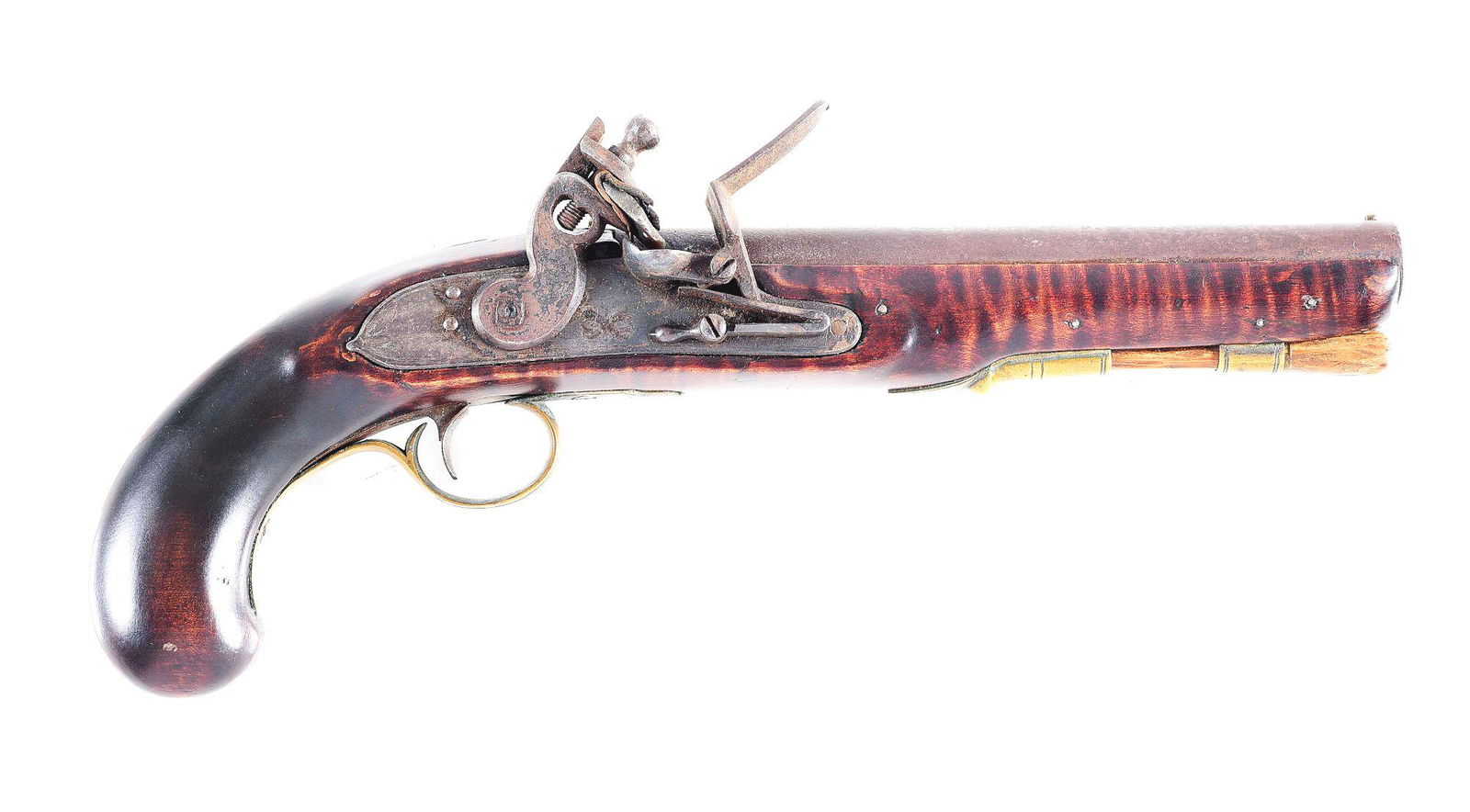 (A) WESTERN PENNSYLVANIA FLINTLOCK KENTUCKY PISTOL: Western Pennsylvania flintlock pistol signed "A. Joy" for Andrew Joy of Pittsburgh, Pennsylvania who worked from 1838 to 1858. Silver inlay on wrist is signed in script "A.Joy". 8" round .54 caliber r