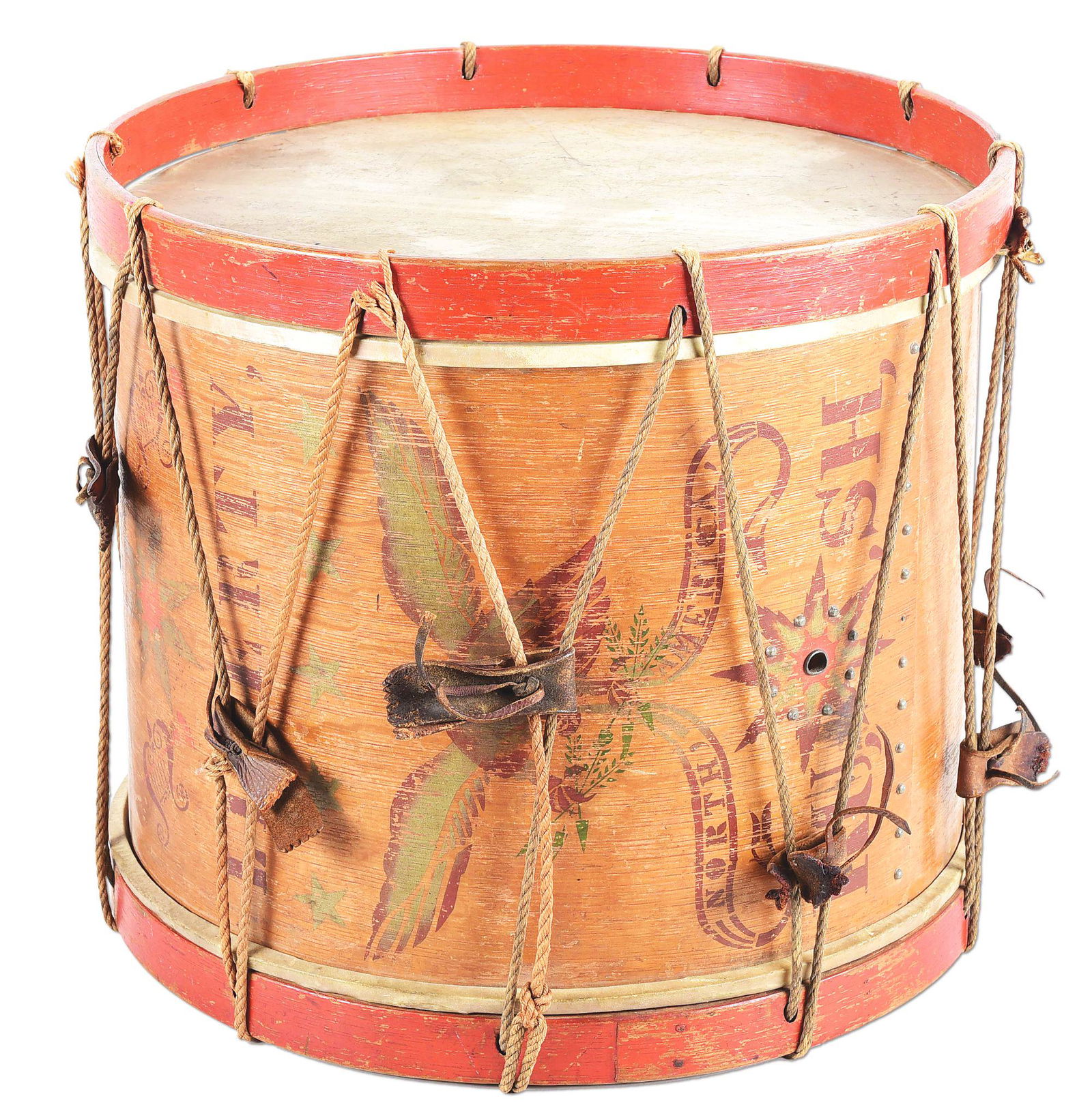 CIRCA 1840S PAINTED MILITIA DRUM.: American militia painted drum circa 1840s. Red rims with plain light color maple body with overlap secured by a line of small, unusual, white-metal tacks and stencil painted with 8-pointed reddish-bro