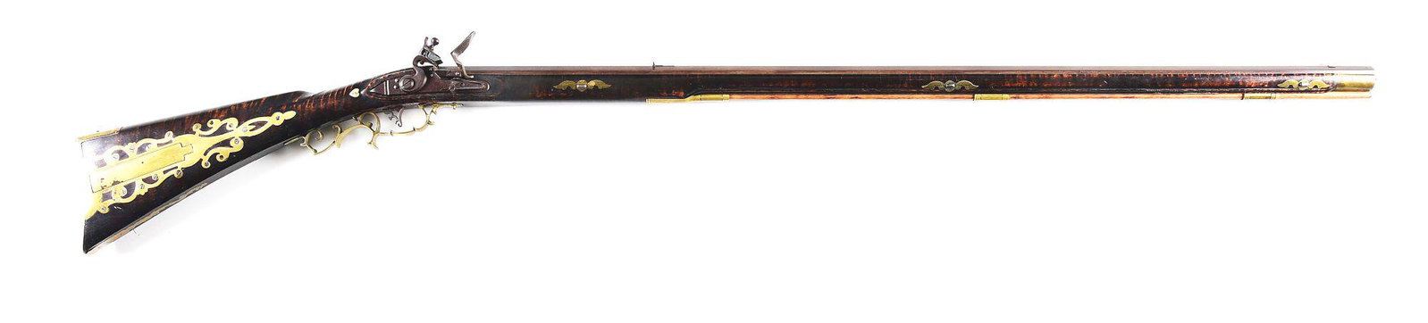 (A) UNSIGNED FLINTLOCK KENTUCY RIFLE.: Contemporary flintlock Kentucky rifle made in the late 20th century or early 21st century by an unknown smith. 42" octagon .36 caliber rifled barrel with hunting sights. Siler style flintlock with pie