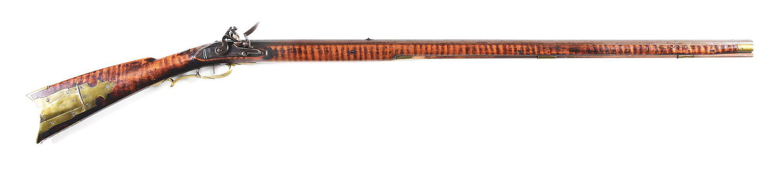 (A) FLINTLOCK KENTUCKY RIFLE.: Kentucky style flintlock rifle similar to guns built in Dauphin County, Pennsylvania or surrounding counties of central Pennsylvania circa 1840. 38 - 1/2" octagon .50 caliber smoothbore barrel with ri