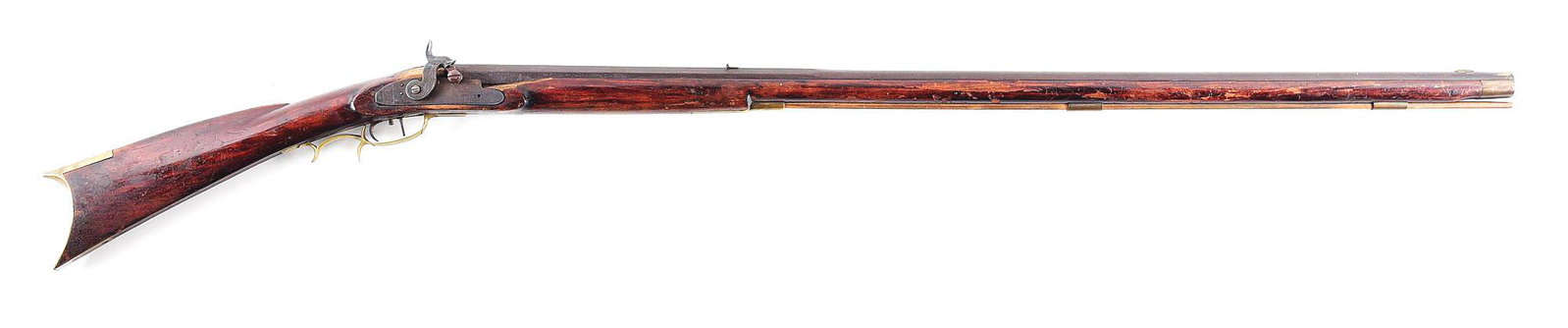(A) KENTUCKY PERCUSSION RIFLE.: Kentucky percussion rifle made circa 1850 by an unknown smith. Gun is similar to rifles made in the Upper Susquehanna school with Roman nose architecture and 2 piece entry pipe with rivet. 42 -1/4" oc