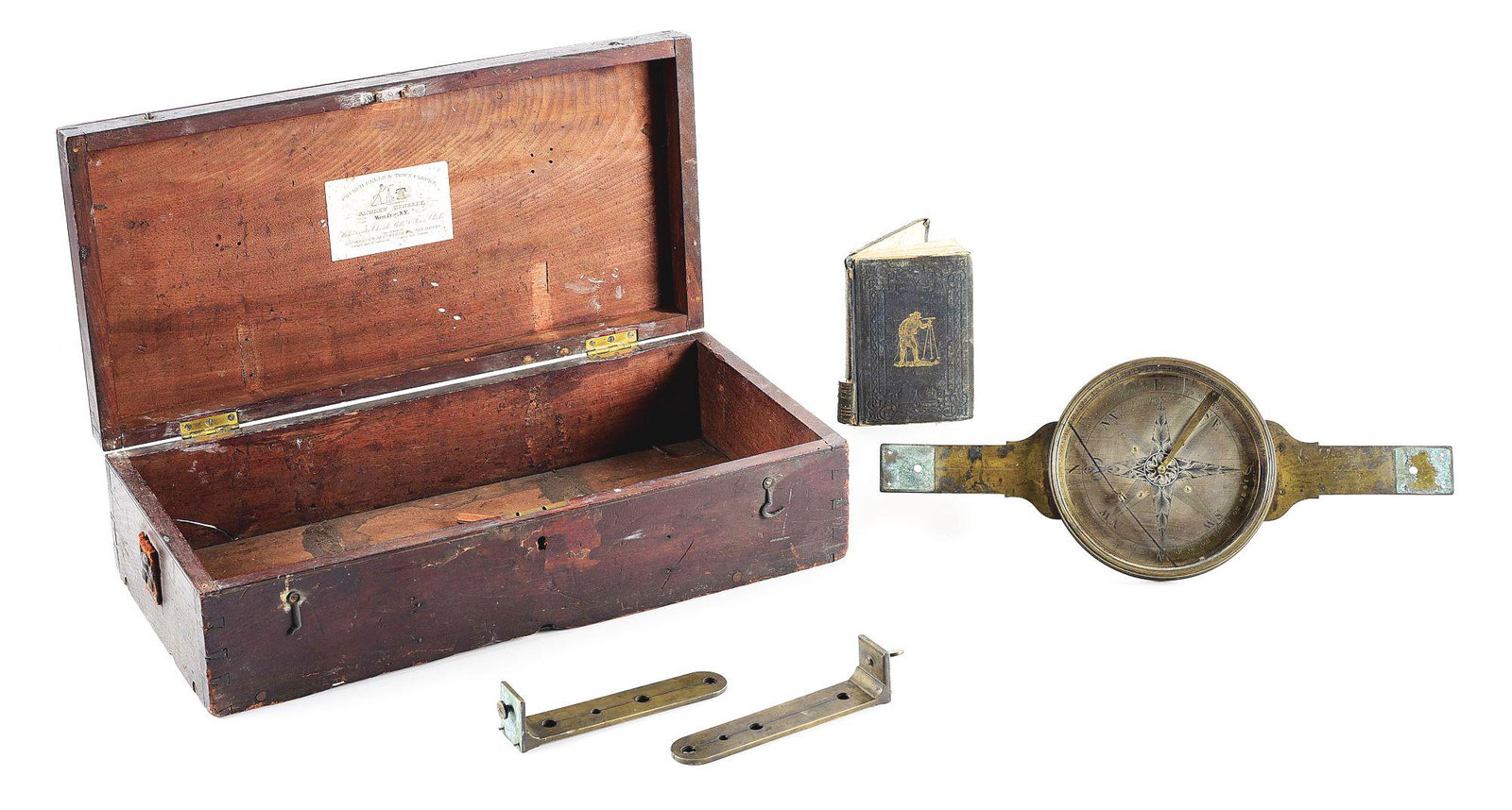AN ENGLISH BRASS SURVEYOR'S COMPASS BY C. LINCOLN, IN: Elaborate 8 pointed compass singed "C. Lincoln" "London" around perimeter of the compass with dual pointing needle and lifter arm. Sights have affixing hardware and are included, 1 marked "II" on unde