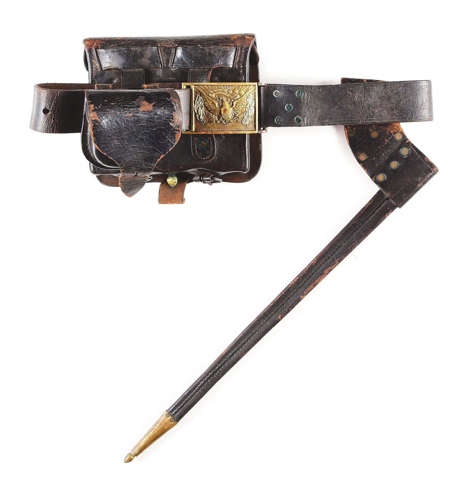 CIVIL WAR NCO PLATE, CARTRIDGE BOX, CAP BOX, BAYONET: This belt rig has an 1851 eagle saber belt plate, appropriate for an infantry sergeant, and has an infantry cartridge box, cap box and bayonet scabbard. The belt is later, with the hasp attached by sp