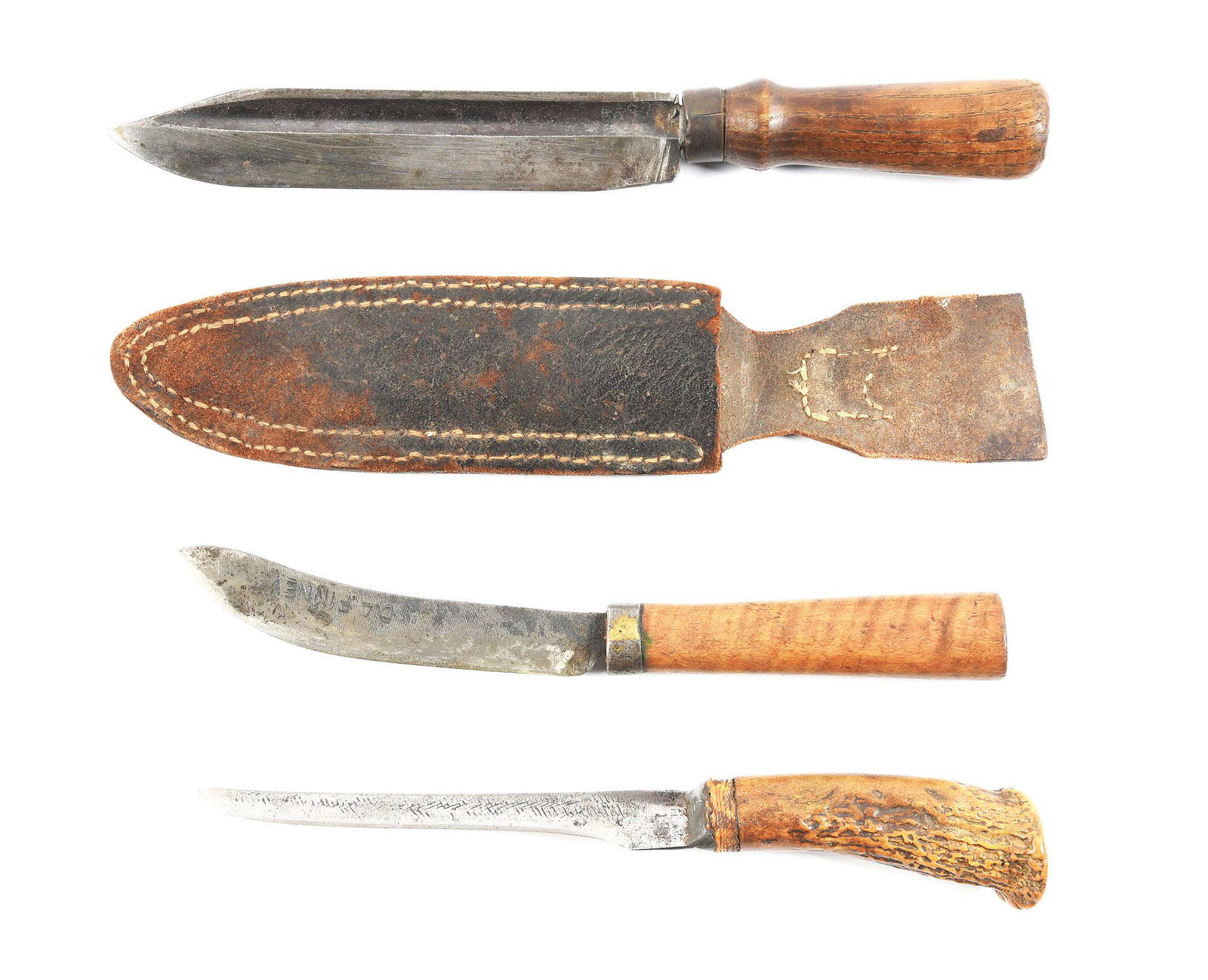 LOT OF 3: CIVIL WAR CONFEDERATE KNIVES MADE FROM FILES.: Lot consists of: (A) Civil War hand made knife which was constructed out of a scythe blade. The knife features a clip point blade with a deep fuller, ending at a crude ricasso. The handle is of wood a