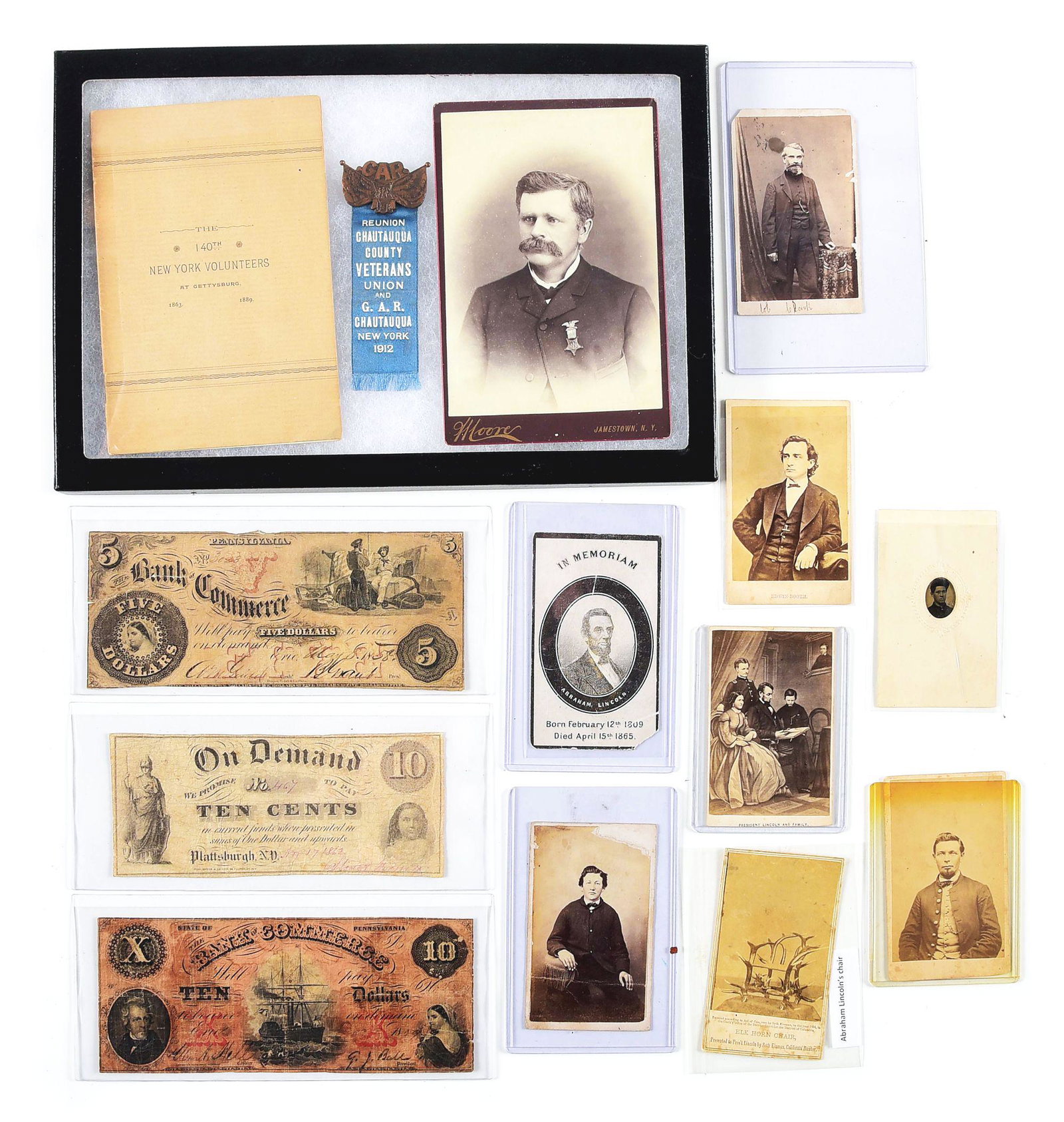 LOT OF CDVS, CURRENCY, AND G.A.R., 140TH NEW YORK,: Lot consists of standing view of Colonel John B. Clark 123rd and 193rd Pennsylvania in civilian clothes; 2 unidentified half-length CDVs of Union soldiers and 1 card mounted gem tintype bust view; 4 L