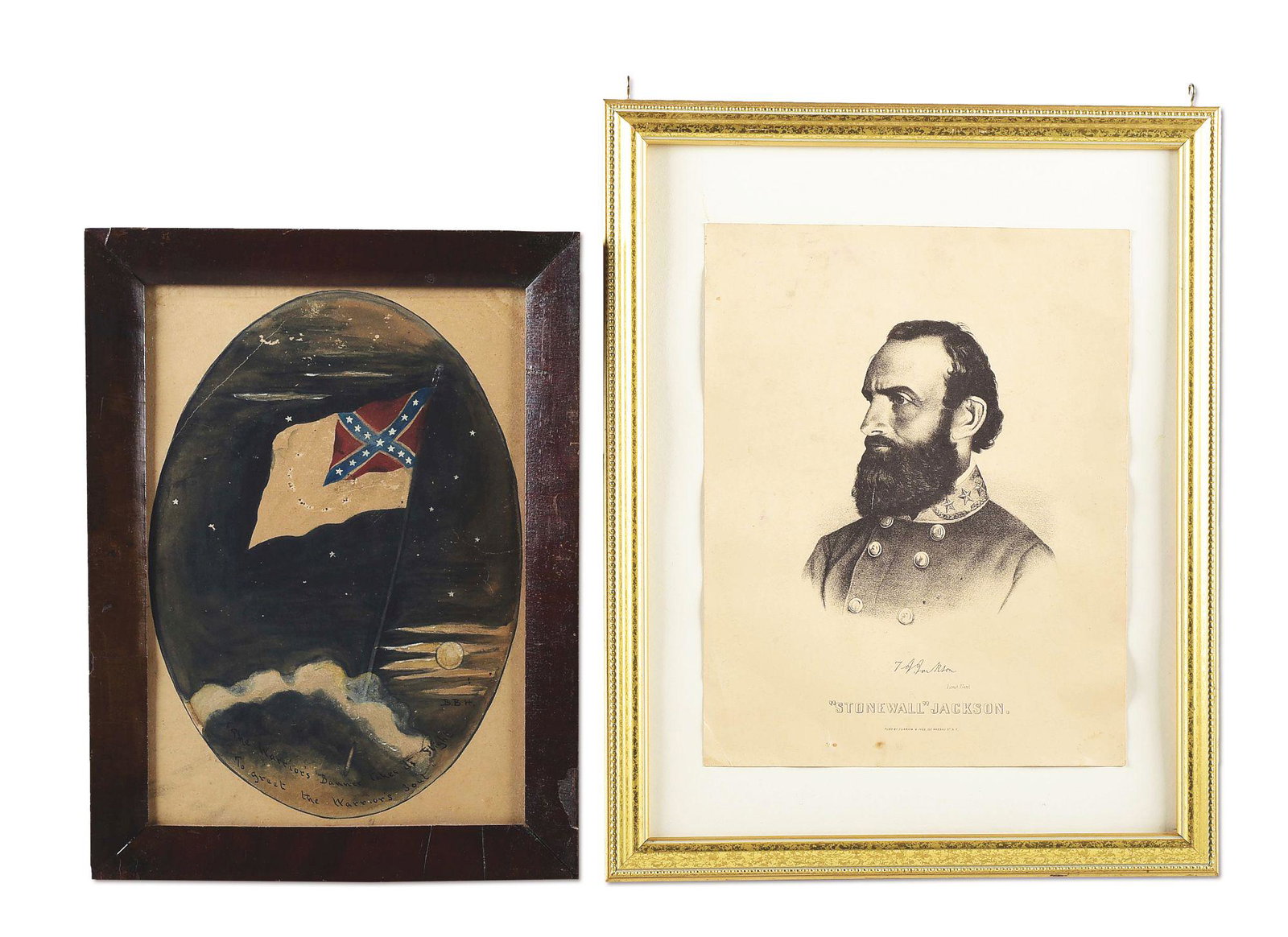 LOT OF 2 FRAMED CONFEDERATE ITEMS.: Lot consists of 2 items related to the Confederacy. (A) Period framed colored etching of the Confederate second national flag ascending through clouds and toward heaven with a starry, moonlit night in