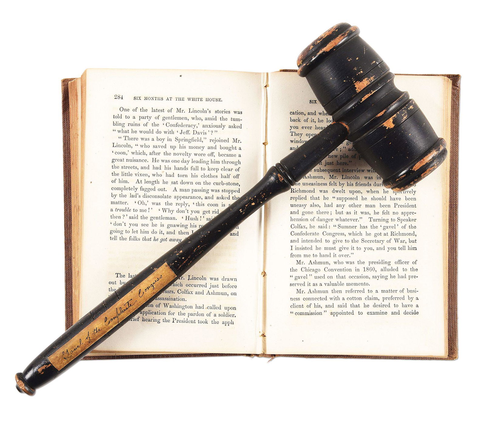 HISTORIC CONFEDERATE CONGRESSIONAL GAVEL TAKEN BY: Historic gavel used in the Congress of the Confederate States of America, retrieved in Richmond April 1865 by Senator Charles Sumner. From the Dr. John K. Lattimer collection. This bears a wonderful, 