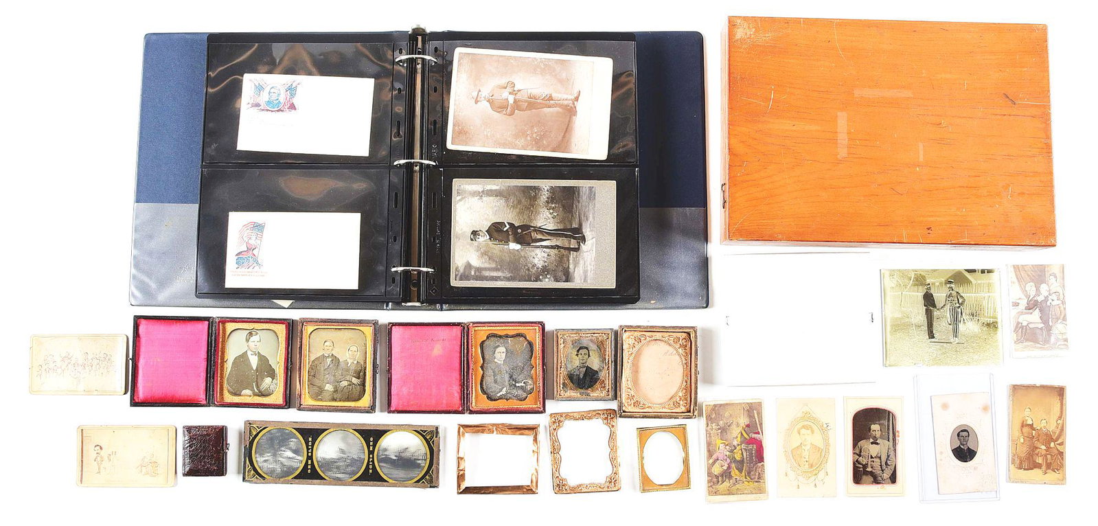 LOT OF DAGUERREOTYPES, TINTYPES, CDVS, SOME MILITARY.: Lot consists of mixed media early photography. Lot features binder with about 60 images including 10 risque tobacco cards, 4 Span-Am military cabinet cards, 2 British CDVs, 1 US National Guard, severa