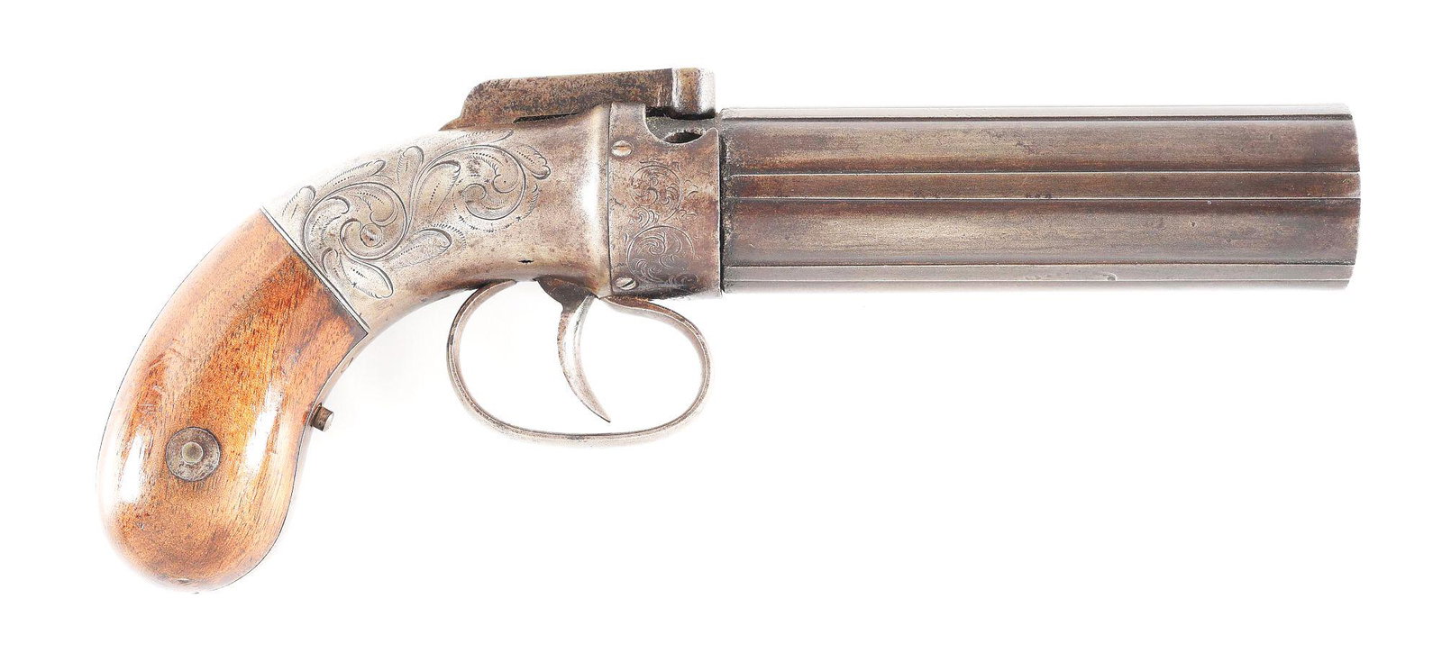 (A) ALLEN & THURBER PERCUSSION PEPPERBOX REVOLVER.: Allen & Thurber Fourth Type 6 shot .36 caliber Pepperbox revolver with 6 smoothbore 4 - 1/2" .36 caliber barrels. Engraved nipple shield with barrels marked "Patented / 1837 / cast steel". Case harden