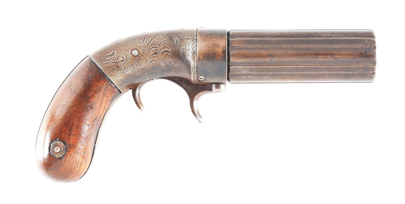 (A) VERY SCARCE BACON & COMPANY UNDERHAMMER PERUCSSION: Manufactured in the 1850s by Thomas Bacon in limited quantities, with estimates as low as 200 units produced. Revolver features an interesting under hammer design with a ribbed 3 - 3/4" .30 caliber 6-