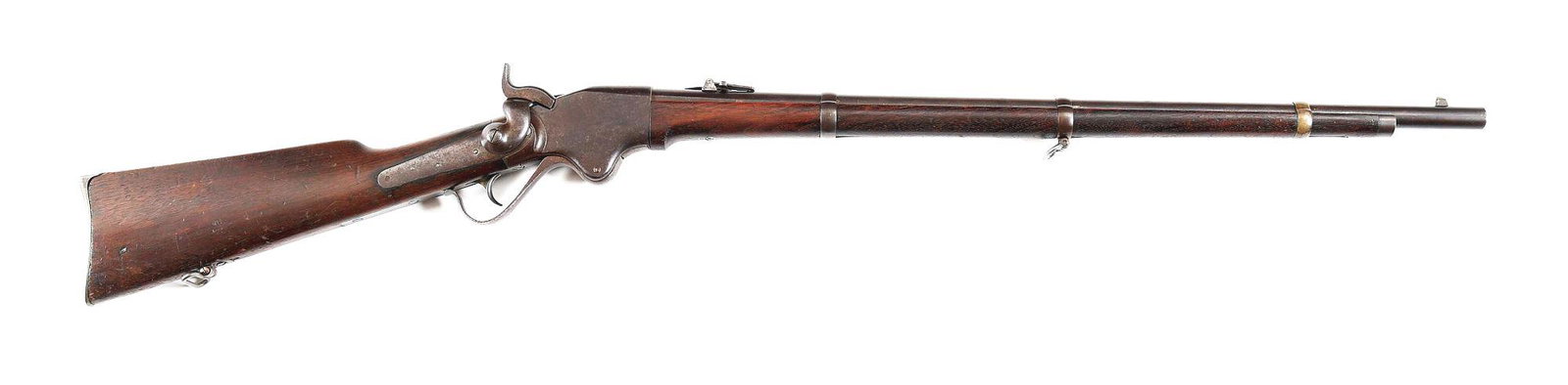 (A) SPENCER MODEL 1860 LEVER ACTION RIFLE.: Spencer Military Model 1860 lever action rifle made Spencer Repeating Rifle Company Boston, Massachusetts. Serial number 22877 denotes gun being issued to independent company of Ohio Volunteers. 30" r