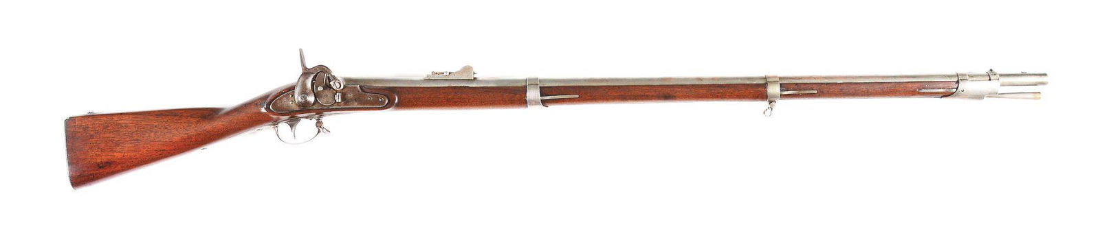 (A) US M1816 MUSKET CONVERTED TO PERCUSSION BY: US M1816 musket converted to percussion by Remington and dated 1855. 42" round barrel in .69 caliber rifled with rifle rear sight and blade front on front barrel band. Barrel is dated 1855 near breech