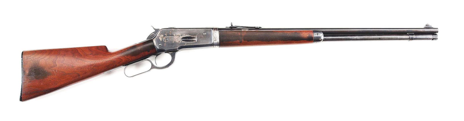 (C) WINCHESTER MODEL 1886 TAKEDOWN LEVER ACTION RIFLE.: Rare Winchester Model 1886 lightweight takedown with rare full blued magazine tube, made by Winchester Repeating Arms Company in 1919. 24" round Nickel Steel barrel with ramp front sight and Marbles B