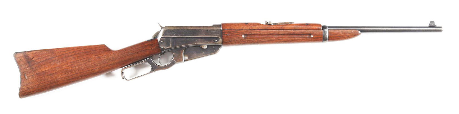 (C) WINCHESTER MODEL 1895 .30 ARMY LEVER ACTION RIFLE.: Winchester Model 1895 saddle ring carbine made by Winchester Repeating Arms Company in 1905. 22" round Winchester nickel steel barrel with integral front sight with rear military style flip sight in .