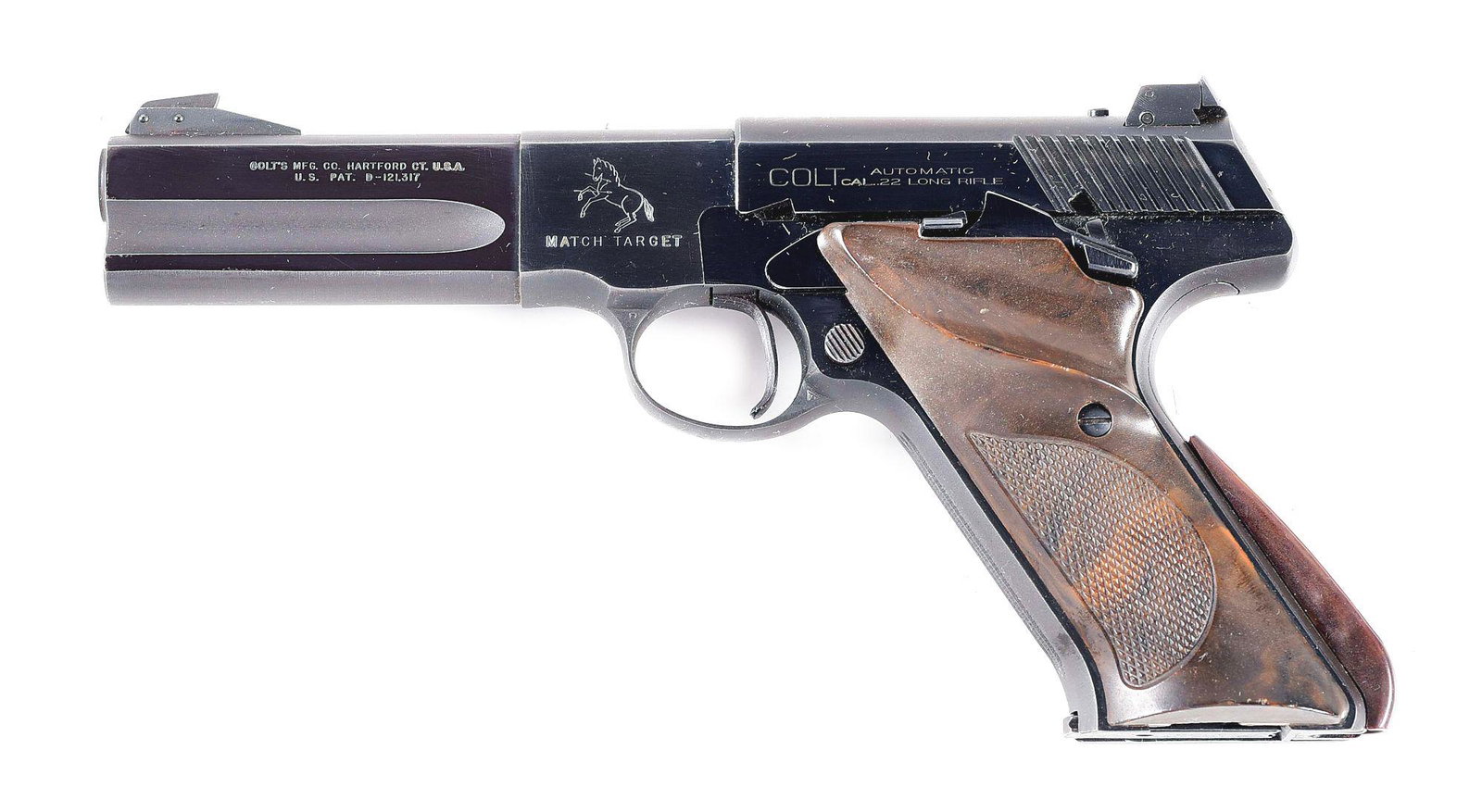 (C) COLT WOODSMAN MATCH TARGET SEMI-AUTOMATIC PISTOL: Woodsman Match Target manufactured by Colt in 1953. Left side of barrel bears Colt's 2-line address followed by the Rampant Colt logo over "MATCH TARGET". Left side of slide is stamped "COLT" followed
