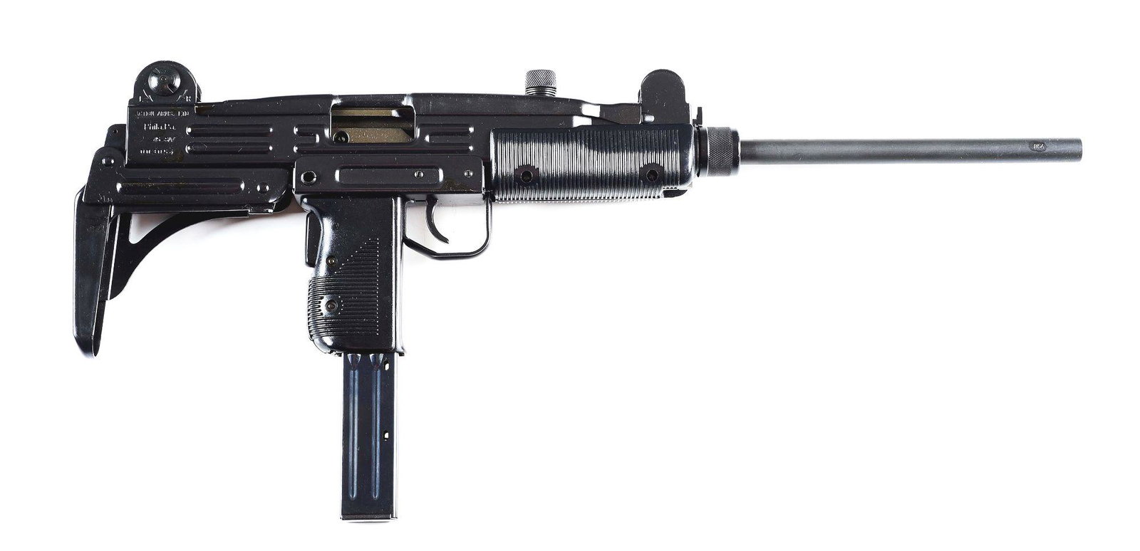 (M) EXCEPTIONAL ACTION ARMS UZI SEMI-AUTOMATIC CARBINE: Uzi carbine manufactured by IMI in Israel and imported by Action Arms. Left side of the receiver is stamped "UZI semi auto / MODEL 45 / .45 ACP/ IMI - ISRAEL", with Action Arms importer information an