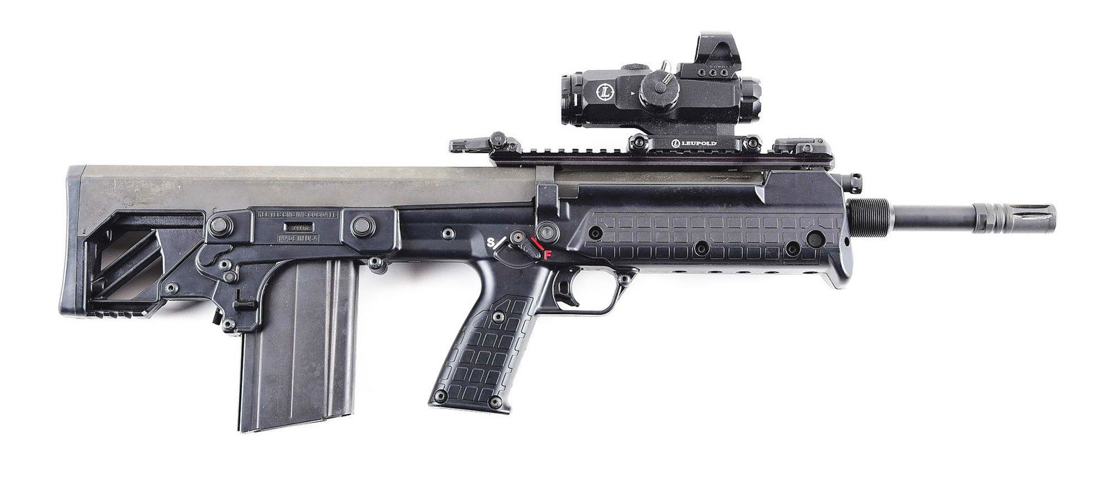 (M) KEL TEC MODEL RFB SEMI AUTOMATIC RIFLE WITH LEUPOLD: Standard configuration of the RFB rifle with 18" barrel sporting an A2 style flash hider, ambidextrous controls. Charging handle currently set up up left side for a right handed shooter. Mounted with 