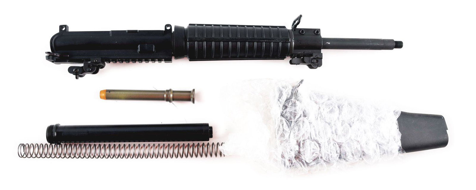 LOT OF AR-15 COMPONENTS INCLUDING COMPLETE UPPER: Lot consists of: A complete AR-15 style upper assembly on a Cerro Forge made black matte finished A3 style upper with 15" threaded M1S (E.R. Shaw) 1-9 twist 5.56 barrel, black polymer ribbed handguard