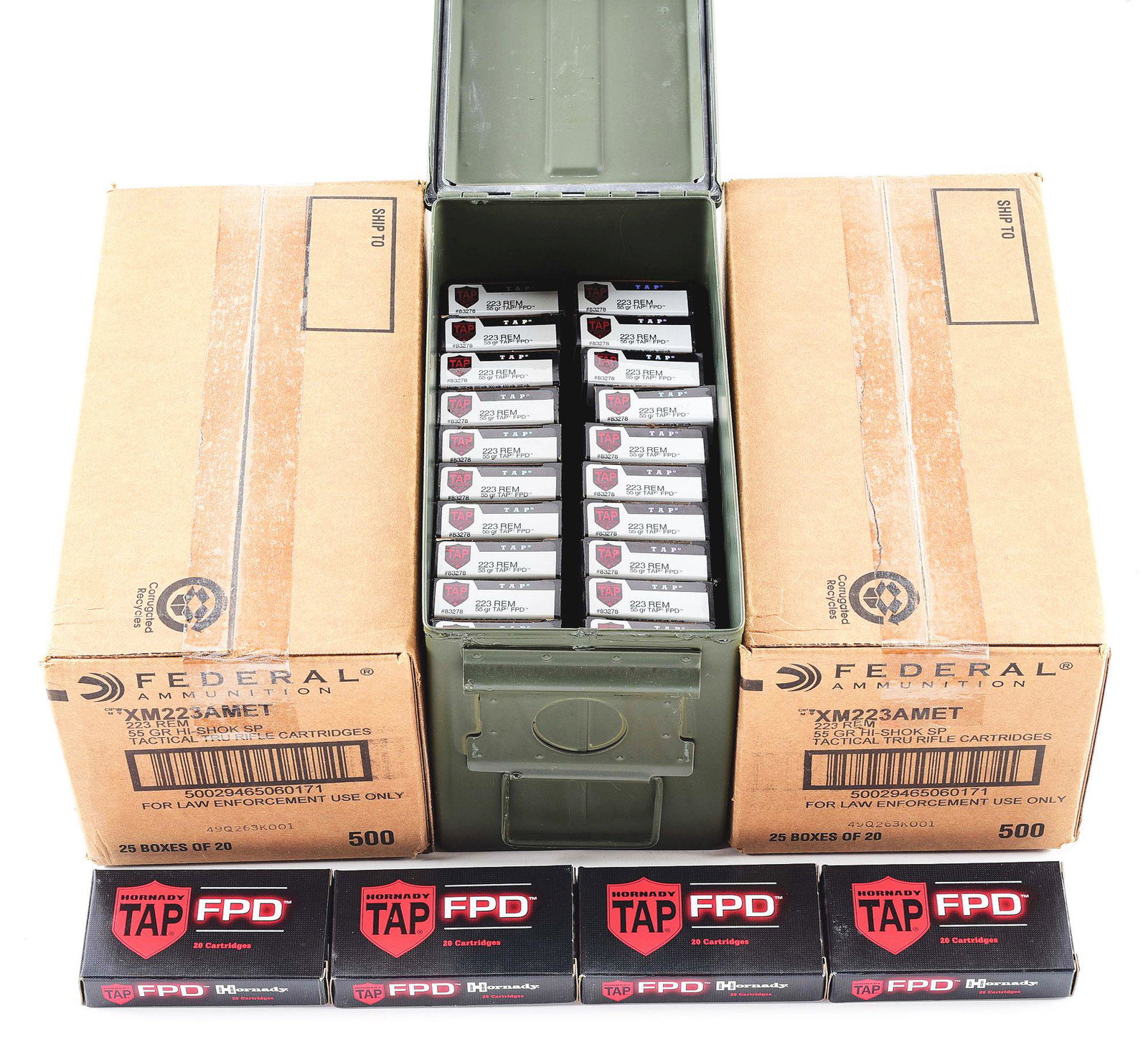 APPROXIMATELY 1500 ROUNDS OF QUALITY 55 GRAIN .223: Lot consists of: A surplus ammunition can containing 26 20-round boxes of 55 grain Hornaday TAP FPD .223 Remington Ammunition in addition to 2 sealed 500-round boxes of Federal HI-SHOCK SP XM223AMET 5