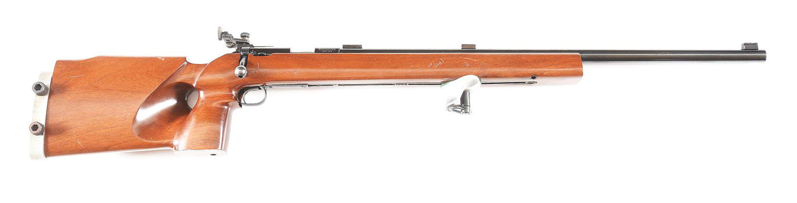 (C) WINCHESTER MODEL 52 .22 LR BOLT ACTION TARGET: Winchester Model 52 D target rifle with action and barrel made by Winchester Repeating Arms Company in 1962. 28" blued heavy target barrel in .22 LR caliber with custom Posa type mount for target sigh