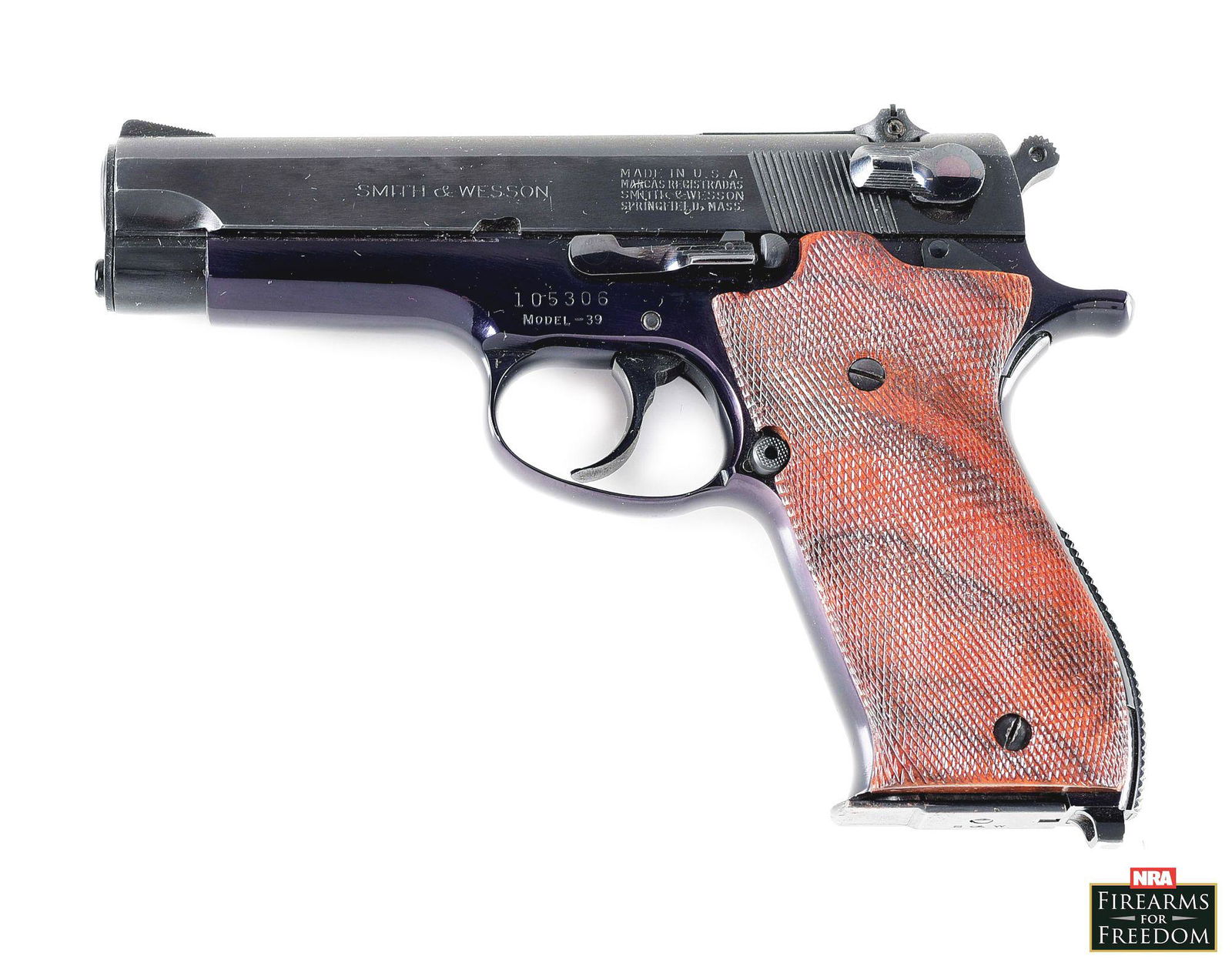 (C) SMITH AND WESSON MODEL 39 SEMI-AUTOMATIC PISTOL.: Smith & Wesson Model 39 semi automatic pistol. No dash gun made late 1960s. Company address on the left side of the slide. Right side of the frame has the company trademark, while the left has the mod