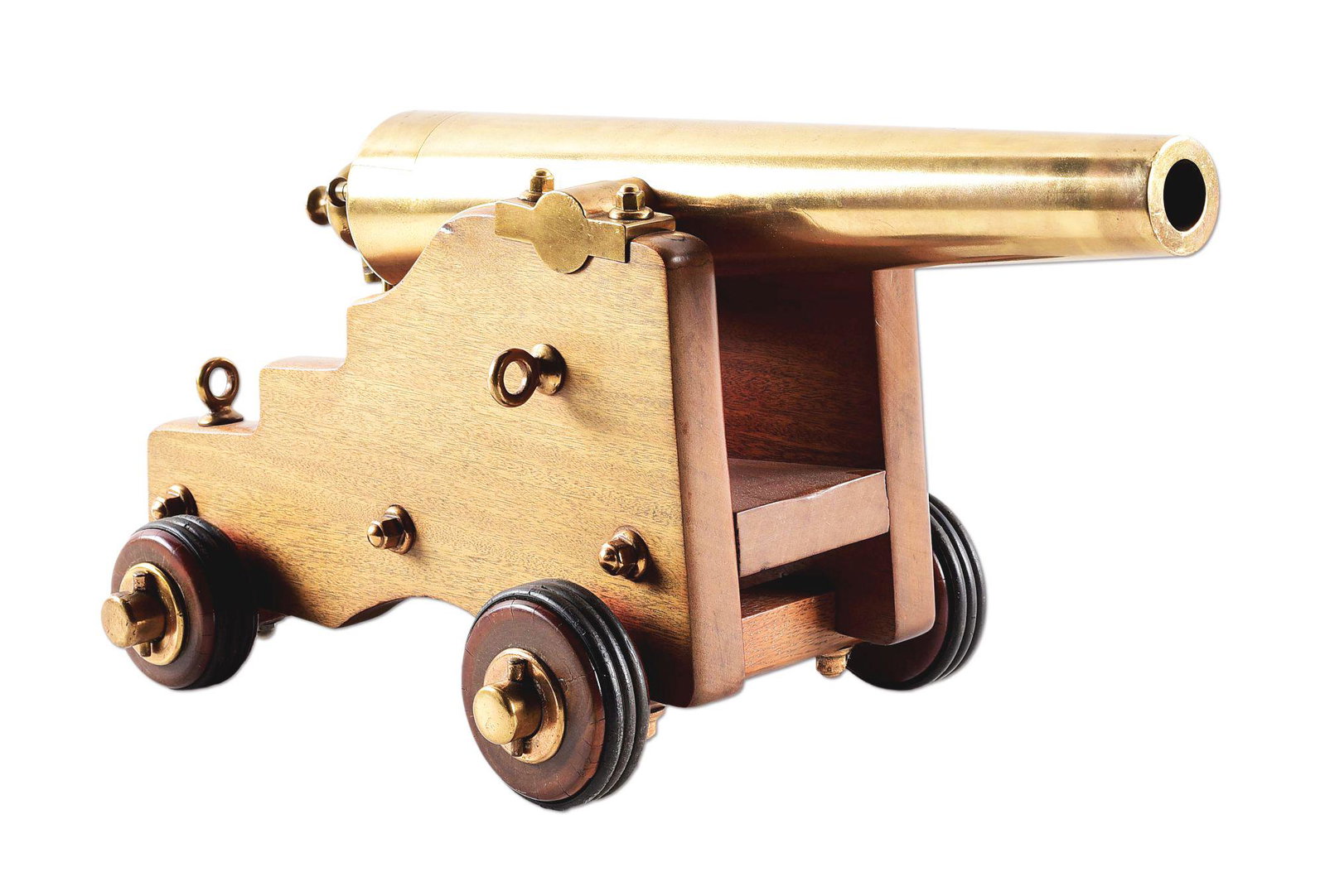 RESTORED STRONG YACHT CANNON.: Manufactured by "THE STRONG CANNON/MFR" of "NEW HAVEN. CONN./USA" as marked on breech block. Heavy tapered 15 - 1/2" barrel with pivoting breech and manual extractor chambered for No. 4 blanks. Mounte