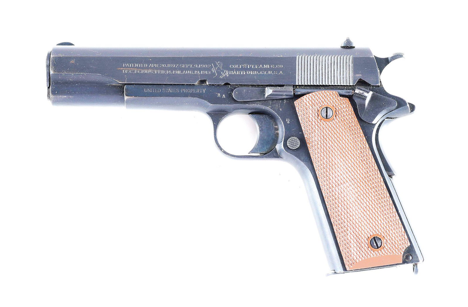 (C) COLT 1911 SEMI AUTOMATIC PISTOL REBUILT AT AUGUSTA: Manufactured 1918 as per serial number. Half moon front sight, U notch flat top rear sight. Left side of slide with 2-line 2-block patent and address information with intercepting pony. Right side of 