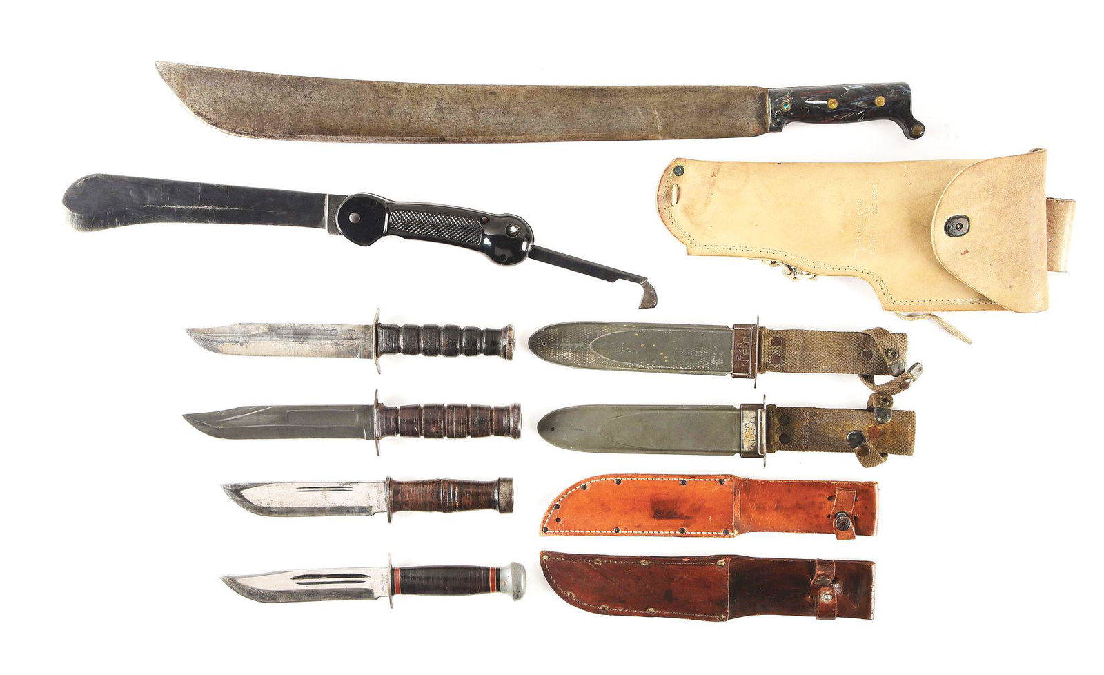LOT OF 6: US WWII FIGHTING KNIVES AND MACHETES.: Lot consists of: (A) World War II US Army machete marked "C.V. MFG. CO. / CLEVELAND, O. / USA". (B) World War II Type A-1 folding machete marked "IMPERIAL / PROV. R.I" on the ricasso with leather scab