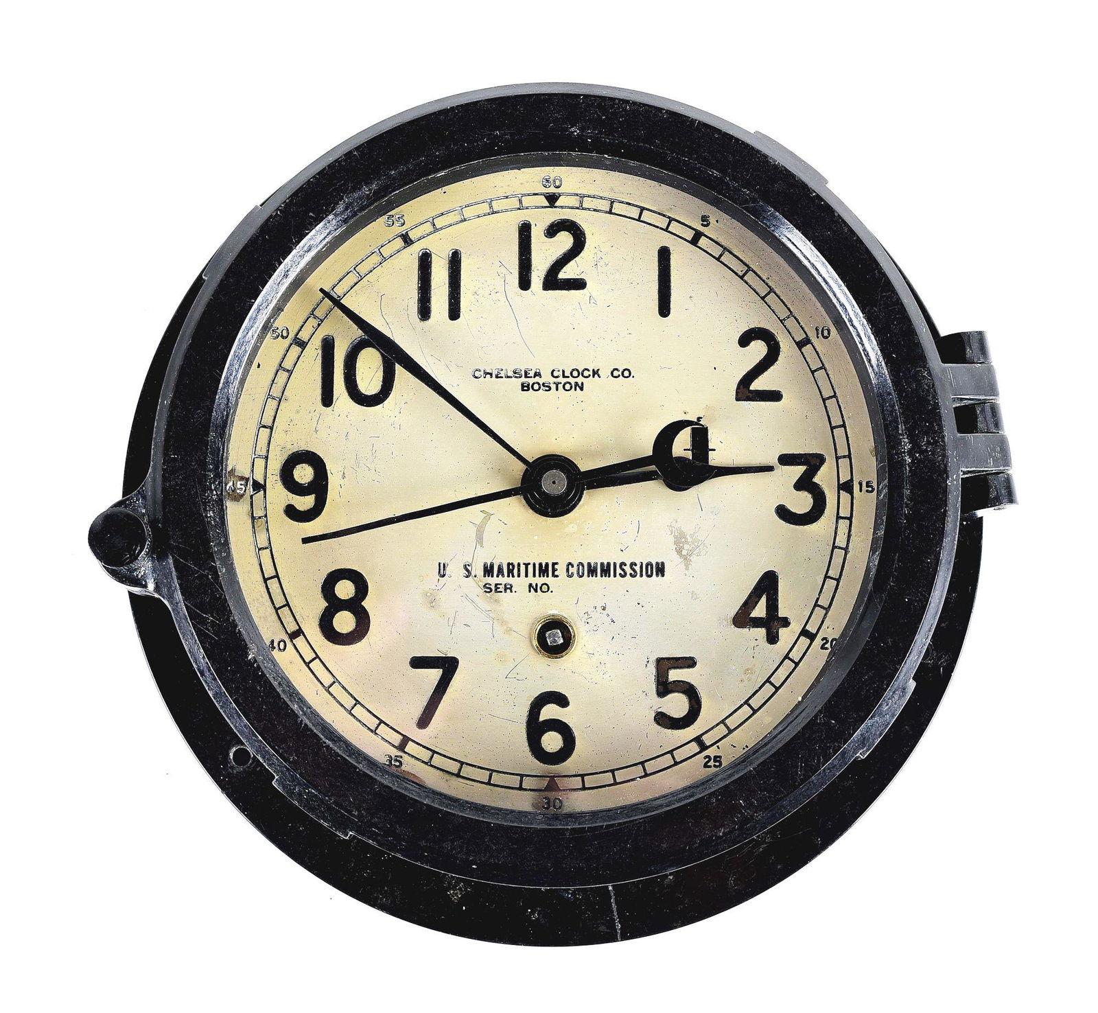 US WWII ERA CHELSEA TYPE B MODEL 12E SHIP'S CLOCK.: Nice example of a World War II era Chelsea Type B Model 12E clock which was meant to be mounted on the wall of deck and engine rooms. The clock was made to the U.S. government’s specifications for t